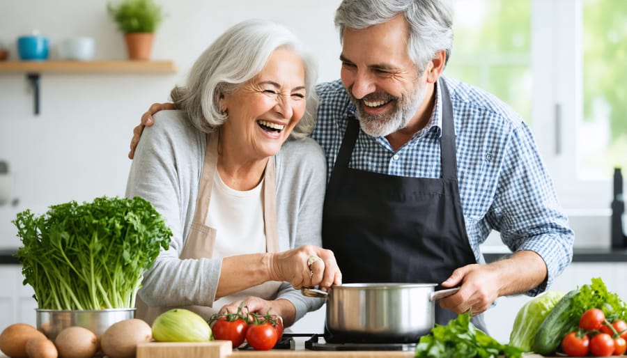 Senior couple enjoying a moment of laughter while cooking together in their kitchen