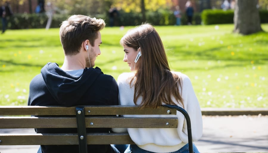 Married couple relaxing on a bench sharing earbuds and enjoying music together