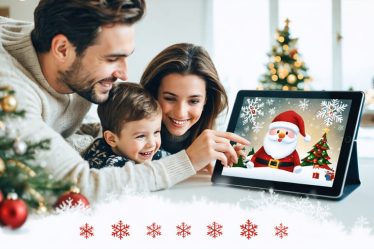 A family gathered around a computer, happily crafting a virtual holiday card. The screen shows animated snowflakes and festive decorations, emphasizing the interactive and eco-friendly nature of digital greetings.