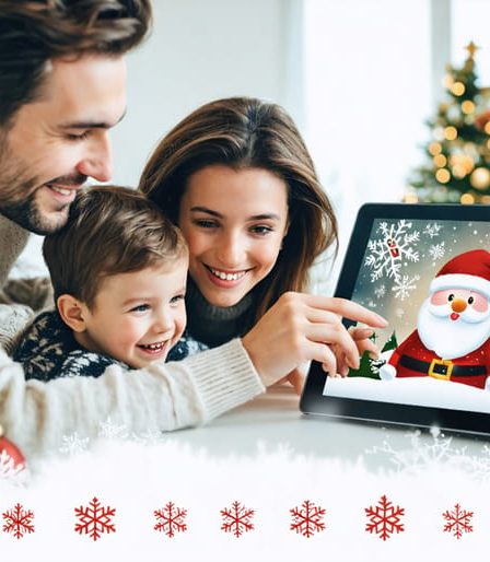 A family gathered around a computer, happily crafting a virtual holiday card. The screen shows animated snowflakes and festive decorations, emphasizing the interactive and eco-friendly nature of digital greetings.