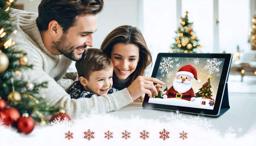 A family gathered around a computer, happily crafting a virtual holiday card. The screen shows animated snowflakes and festive decorations, emphasizing the interactive and eco-friendly nature of digital greetings.