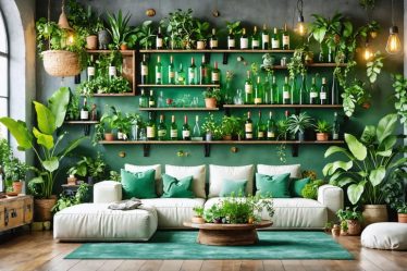 Modern living room displaying creative home decor transformations including vintage suitcase shelves, a wine bottle chandelier, and a living wall with lush plants, reflecting a mix of vintage and modern styles.