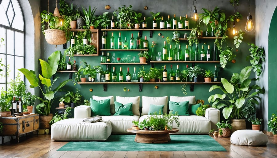 Modern living room displaying creative home decor transformations including vintage suitcase shelves, a wine bottle chandelier, and a living wall with lush plants, reflecting a mix of vintage and modern styles.