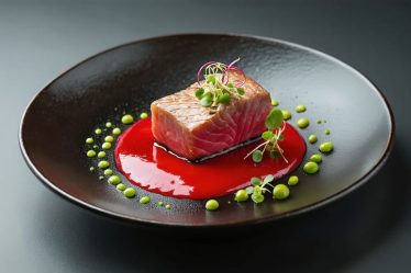 A sophisticated plate presentation illustrating the principles of color theory, featuring a central protein with vibrant red beet puree and green microgreens, beautifully arranged to emphasize visual harmony and artistic expression in culinary arts.