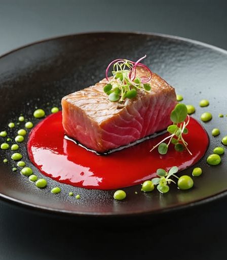 A sophisticated plate presentation illustrating the principles of color theory, featuring a central protein with vibrant red beet puree and green microgreens, beautifully arranged to emphasize visual harmony and artistic expression in culinary arts.
