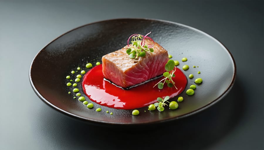 A sophisticated plate presentation illustrating the principles of color theory, featuring a central protein with vibrant red beet puree and green microgreens, beautifully arranged to emphasize visual harmony and artistic expression in culinary arts.