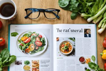 An array of healthy cooking magazines displayed on a rustic wooden table, surrounded by fresh vegetables and a steaming cup of herbal tea, suggesting a warm and inviting culinary experience.