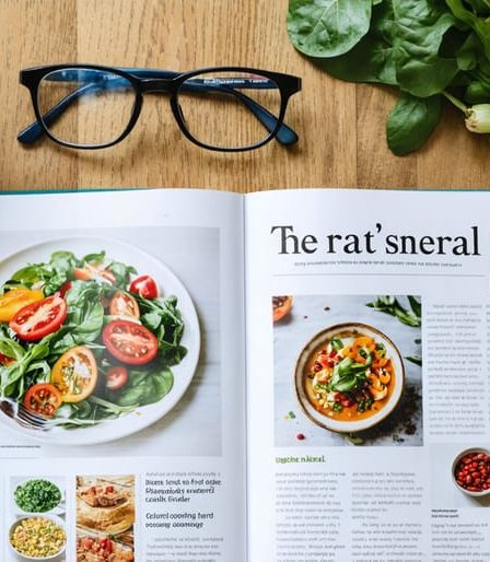 An array of healthy cooking magazines displayed on a rustic wooden table, surrounded by fresh vegetables and a steaming cup of herbal tea, suggesting a warm and inviting culinary experience.