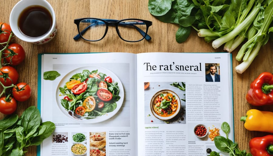 An array of healthy cooking magazines displayed on a rustic wooden table, surrounded by fresh vegetables and a steaming cup of herbal tea, suggesting a warm and inviting culinary experience.