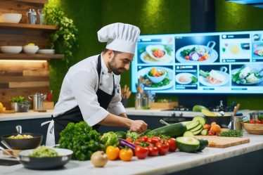 A professional chef leading a virtual cooking class in a contemporary kitchen, surrounded by an assortment of fresh vegetables and digital equipment for broadcasting the session.