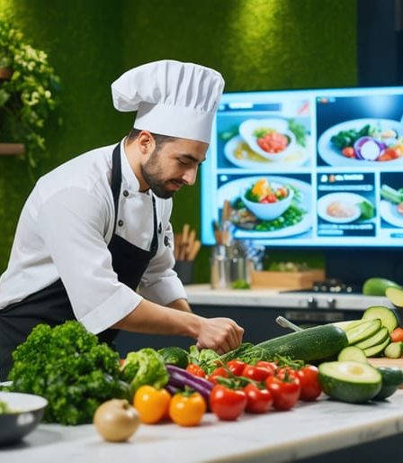 A professional chef leading a virtual cooking class in a contemporary kitchen, surrounded by an assortment of fresh vegetables and digital equipment for broadcasting the session.