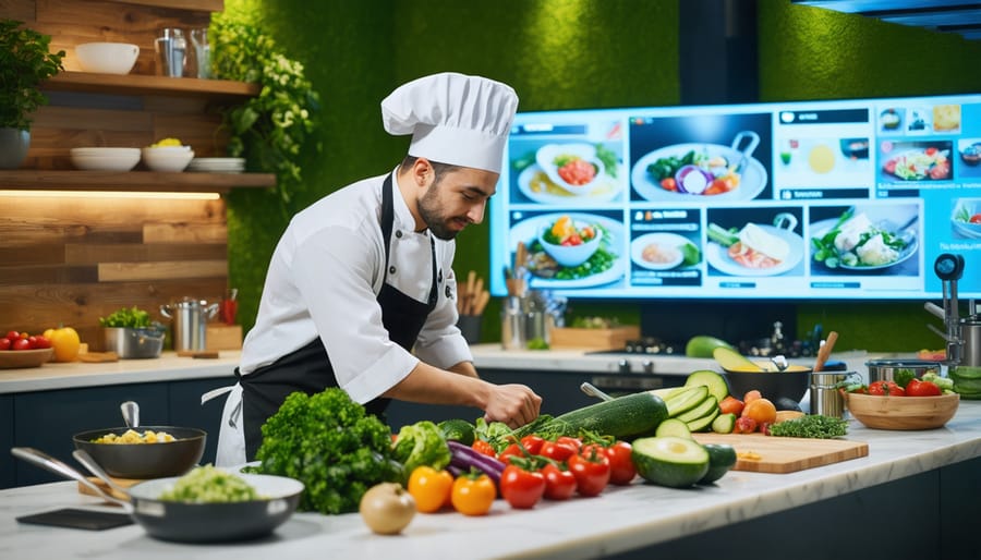 A professional chef leading a virtual cooking class in a contemporary kitchen, surrounded by an assortment of fresh vegetables and digital equipment for broadcasting the session.