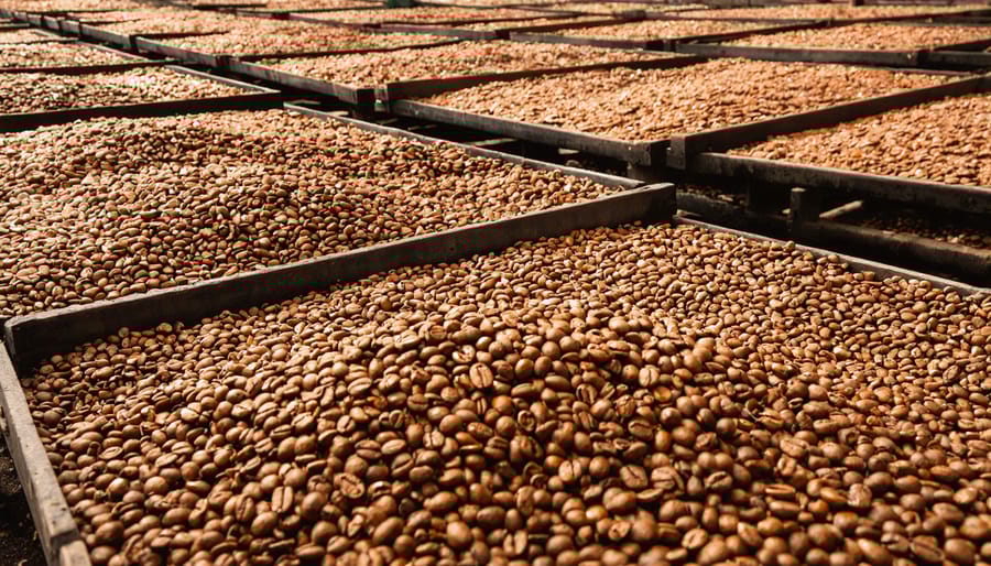 Sun-dried coffee beans spread on raised beds during natural dry processing