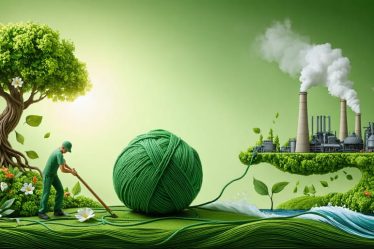 An illustration depicting a crafter using eco-friendly yarn that seamlessly transforms into natural elements like leaves and water, juxtaposed with a smaller section showing industrial yarn production, emphasizing the theme of sustainable versus conventional production methods.