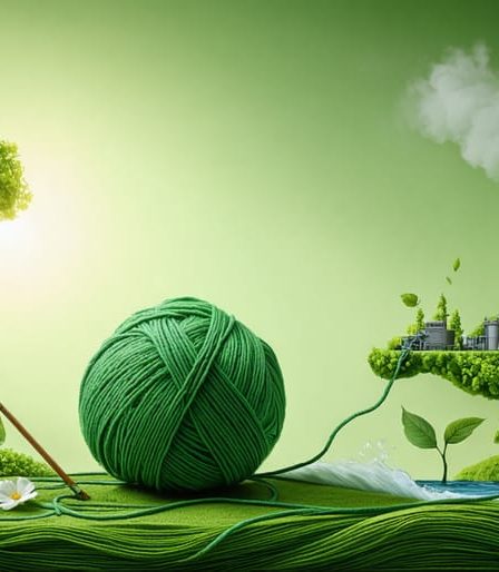 An illustration depicting a crafter using eco-friendly yarn that seamlessly transforms into natural elements like leaves and water, juxtaposed with a smaller section showing industrial yarn production, emphasizing the theme of sustainable versus conventional production methods.