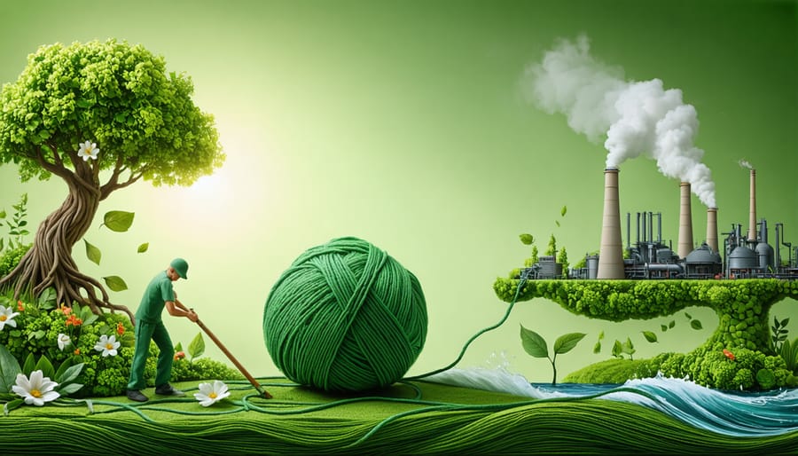 An illustration depicting a crafter using eco-friendly yarn that seamlessly transforms into natural elements like leaves and water, juxtaposed with a smaller section showing industrial yarn production, emphasizing the theme of sustainable versus conventional production methods.