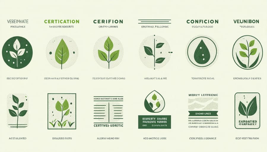 Common sustainable textile certification logos including GOTS, Oeko-Tex, and Fair Trade