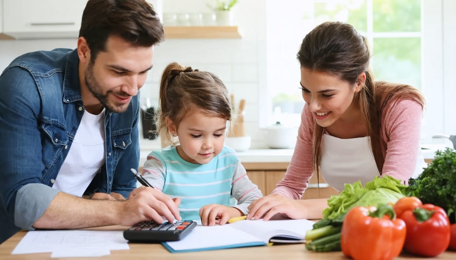 Parents and two children working together on monthly meal budget planning