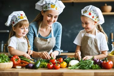A mother and her children happily cooking together in a bright kitchen, surrounded by colorful ingredients, each wearing matching aprons and enjoying the culinary process.