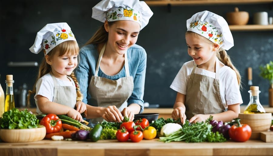 A mother and her children happily cooking together in a bright kitchen, surrounded by colorful ingredients, each wearing matching aprons and enjoying the culinary process.