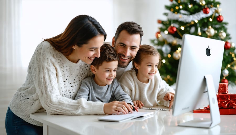 Multi-generational family collaborating on designing a digital holiday greeting card