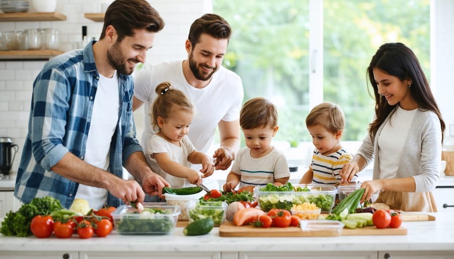 Parents and children preparing meals together at a kitchen counter with organized ingredients