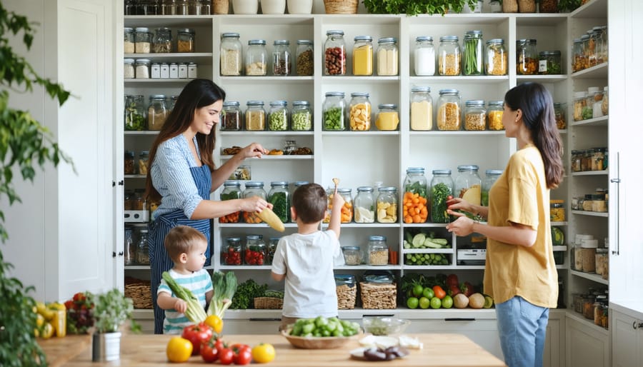 Family working together to organize their pantry with healthy ingredients