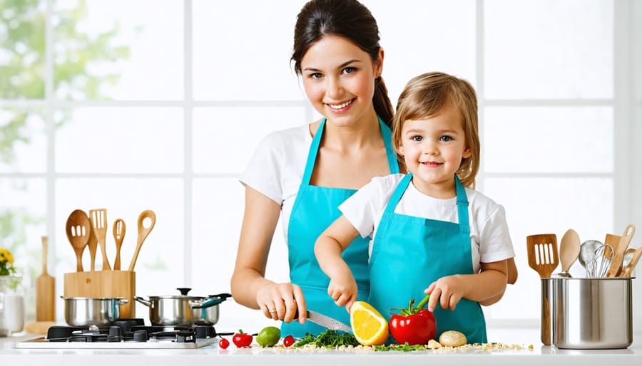 Mother and young child smiling while safely chopping vegetables together with kid-friendly knives