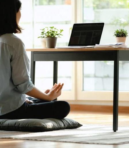 A person practicing mindfulness in a peaceful home office, sitting on a cushion in front of a desk with organized financial documents and calming elements like a plant and candle.