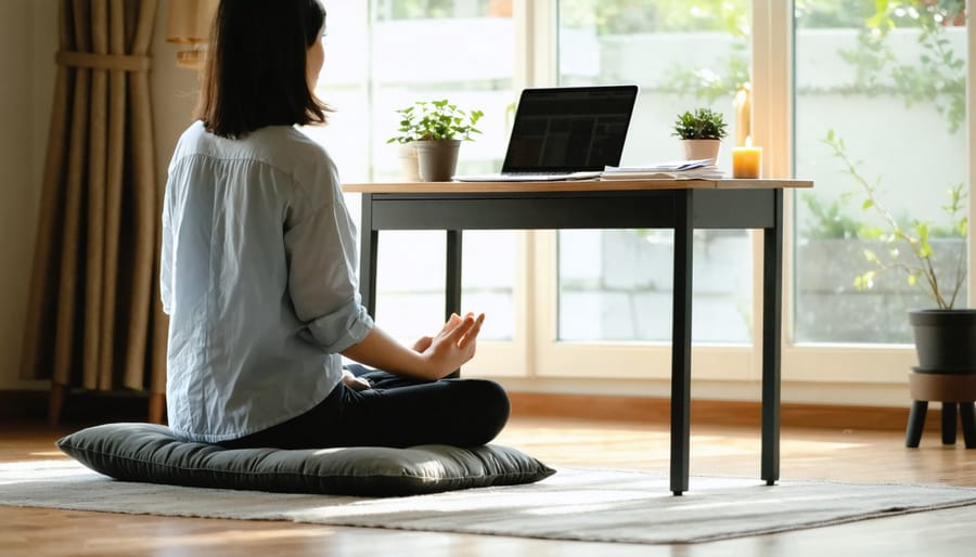 A person practicing mindfulness in a peaceful home office, sitting on a cushion in front of a desk with organized financial documents and calming elements like a plant and candle.