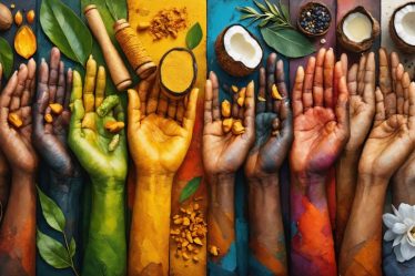 A conceptual depiction of multicultural hands holding various natural beauty ingredients like turmeric, jade roller, and olive oil, representing beauty rituals from different cultures around the world.