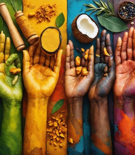A conceptual depiction of multicultural hands holding various natural beauty ingredients like turmeric, jade roller, and olive oil, representing beauty rituals from different cultures around the world.