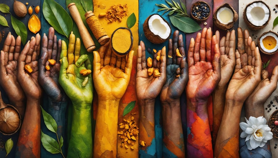 A conceptual depiction of multicultural hands holding various natural beauty ingredients like turmeric, jade roller, and olive oil, representing beauty rituals from different cultures around the world.