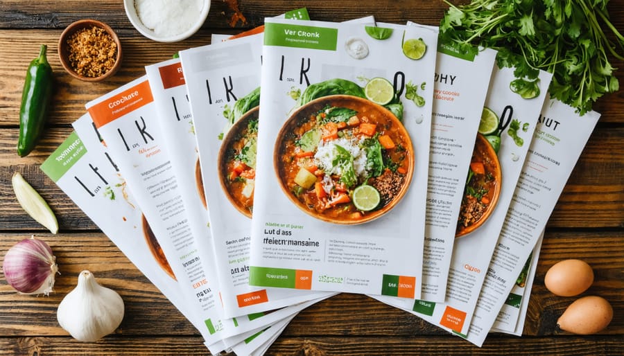 Collection of healthy cooking magazines displayed with fresh vegetables and cooking ingredients