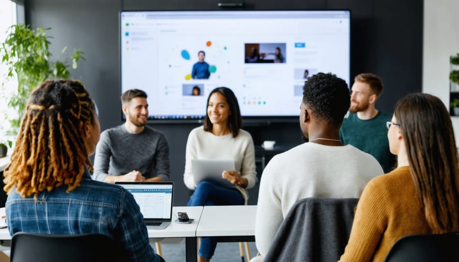 Mixed in-person and virtual classroom collaboration showing diverse business students