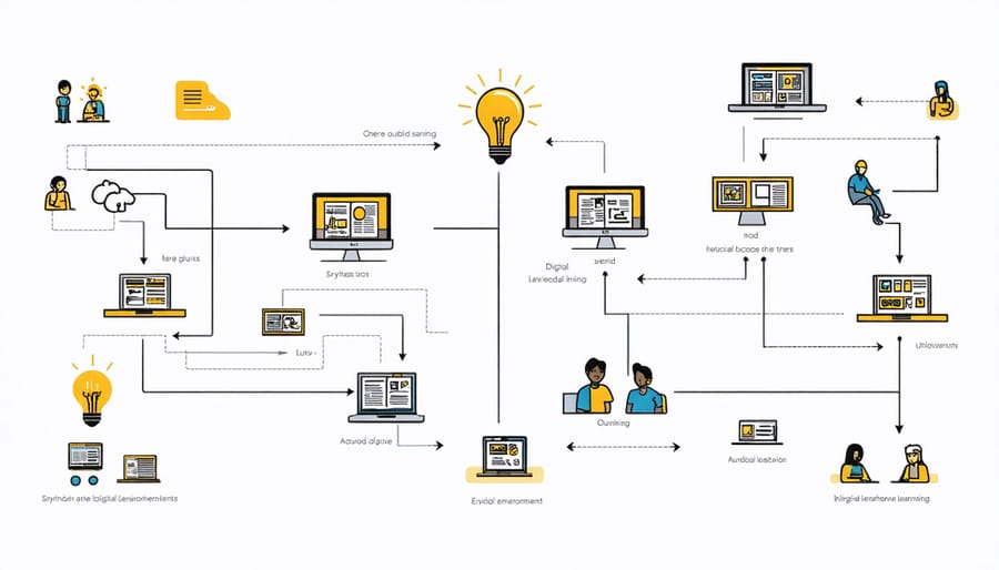 Visual representation of hybrid learning model showing interconnected online and in-person components