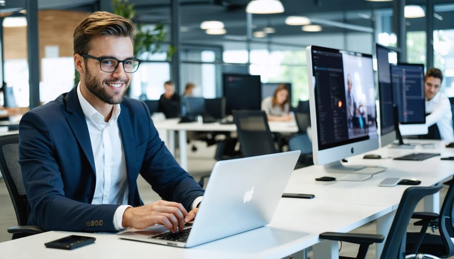 Business professional engaging in hybrid learning, participating in an online class from their workplace