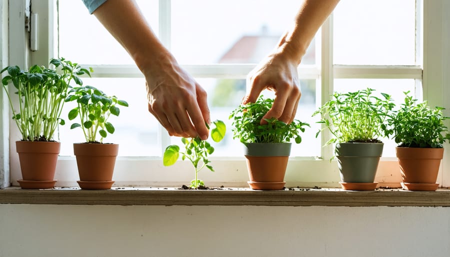 Person caring for indoor herb garden with natural light
