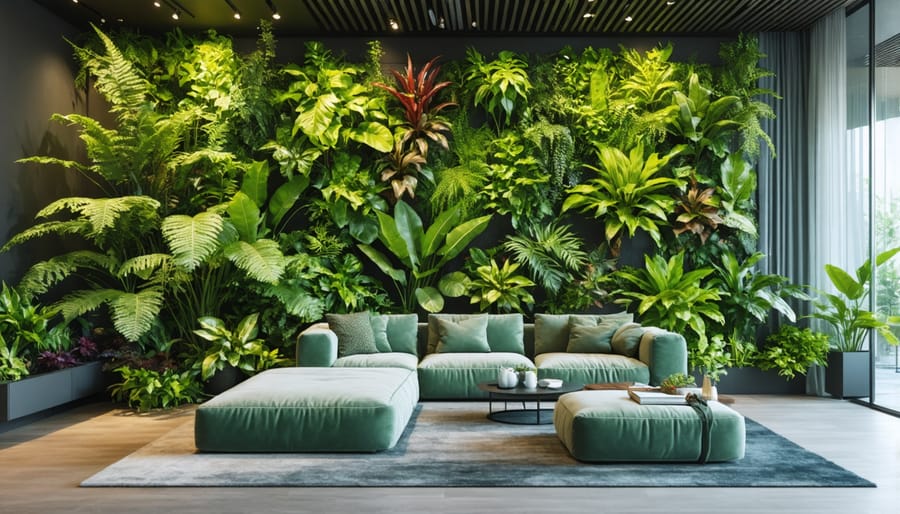 Living wall with diverse green plants arranged vertically on a white wall