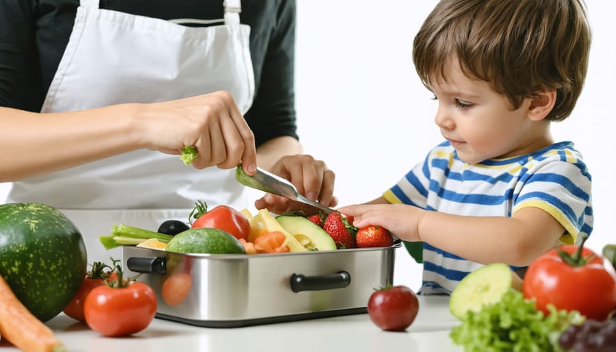 Parent and child preparing healthy school lunch together with clean eating ingredients