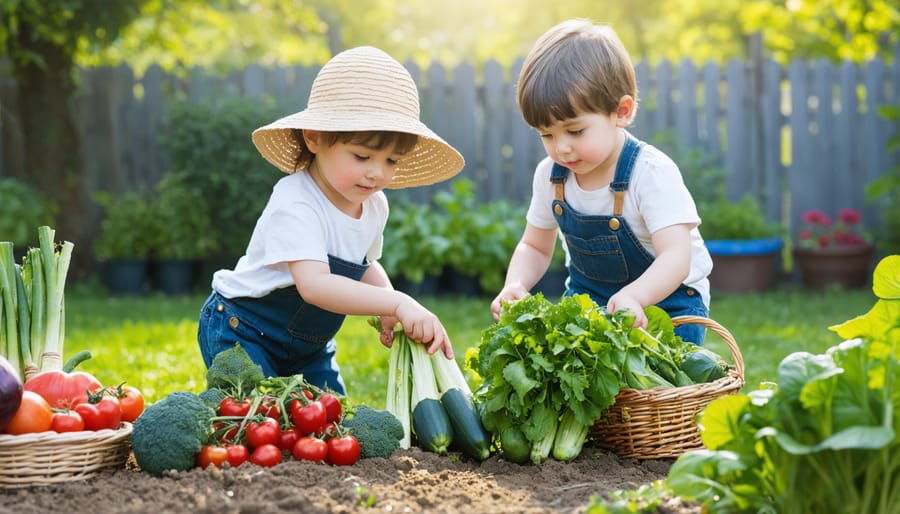 Two excited children picking fresh tomatoes and herbs from their family garden