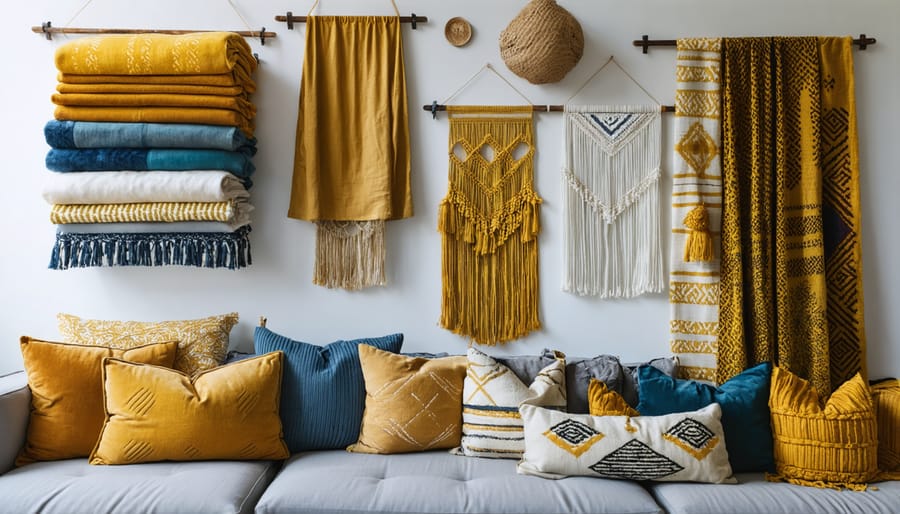 Cozy bedroom corner with mixed textile elements including woven throws and patterned pillows