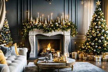 A beautifully decorated living room featuring a mantelpiece with gold-dipped pinecone garlands and elegant decorations, including twinkling fairy lights and velvet bow ornaments on a Christmas tree. The scene exudes a sense of budget-friendly luxury and festive elegance.