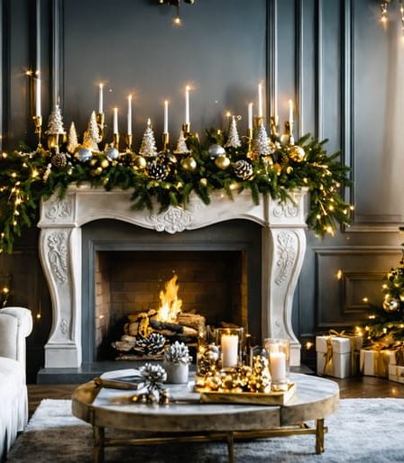 A beautifully decorated living room featuring a mantelpiece with gold-dipped pinecone garlands and elegant decorations, including twinkling fairy lights and velvet bow ornaments on a Christmas tree. The scene exudes a sense of budget-friendly luxury and festive elegance.