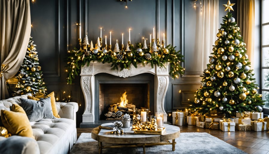 A beautifully decorated living room featuring a mantelpiece with gold-dipped pinecone garlands and elegant decorations, including twinkling fairy lights and velvet bow ornaments on a Christmas tree. The scene exudes a sense of budget-friendly luxury and festive elegance.