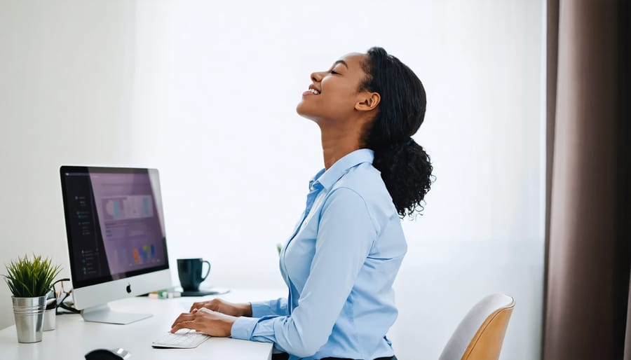 Professional taking a mindful moment at their workspace with eyes closed and peaceful expression