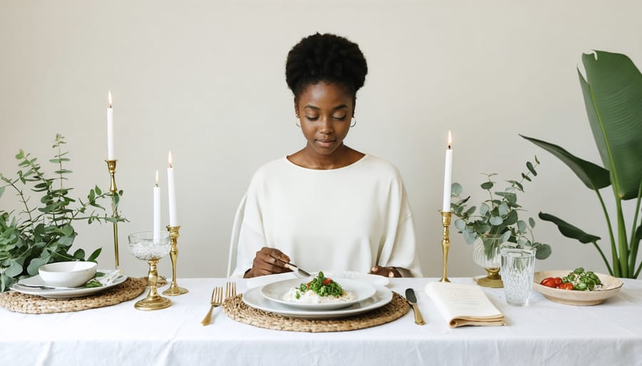Individual practicing mindful eating at a distraction-free dining setting