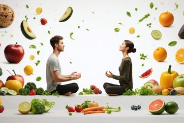 Conceptual illustration of a serene person surrounded by floating food items that exude calm and positive energy, symbolizing mindful eating and a positive relationship with food.