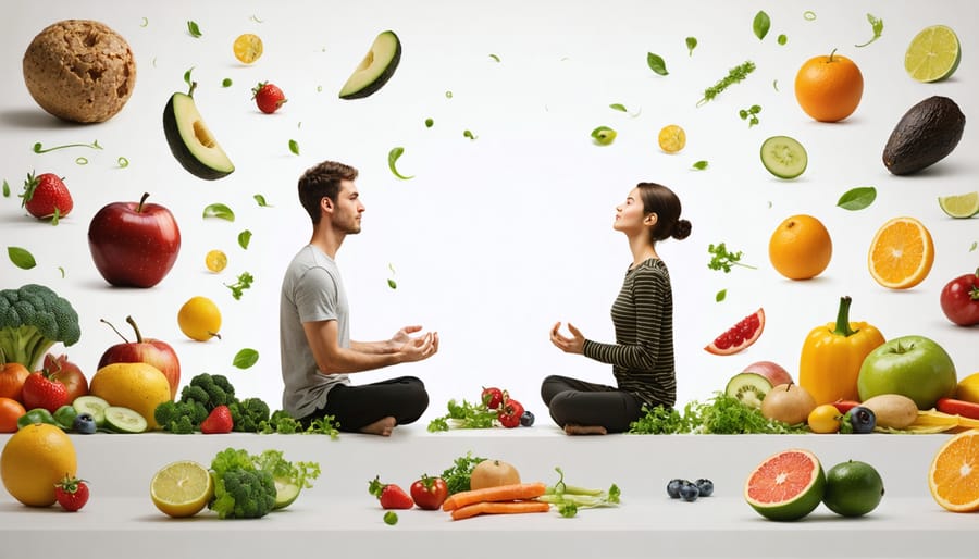 Conceptual illustration of a serene person surrounded by floating food items that exude calm and positive energy, symbolizing mindful eating and a positive relationship with food.