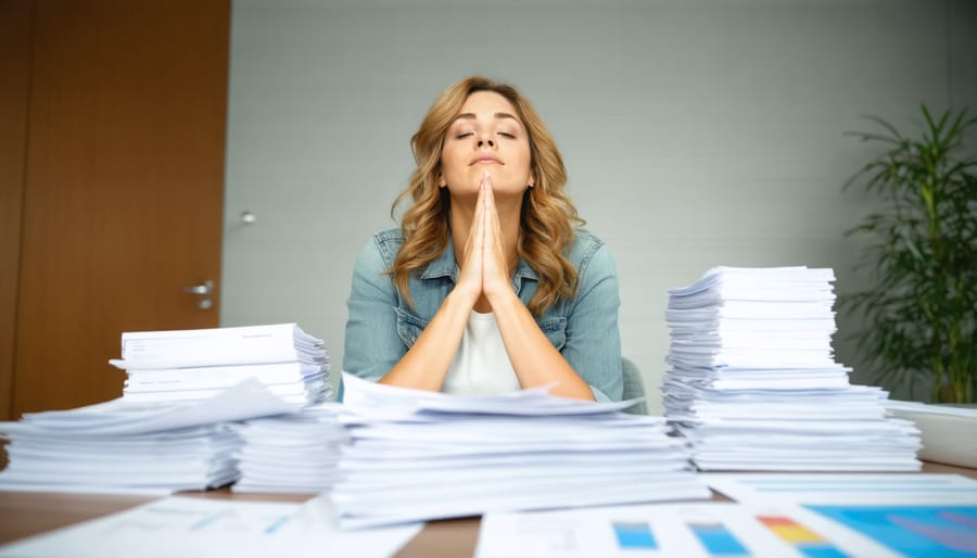 Individual practicing mindfulness while reviewing financial documents
